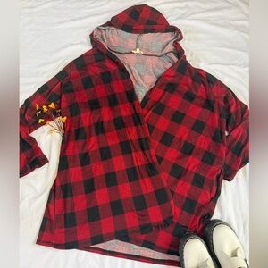 Paper Tee Red and Black Plaid Cardigan with Hood and Pockets